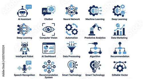 Artificial Intelligence Technology Concepts Icons.
