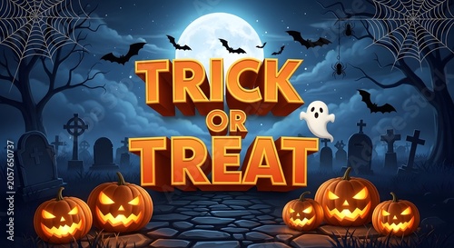 Halloween trick or treat background with pumpkins, bats, and a ghost in a graveyard