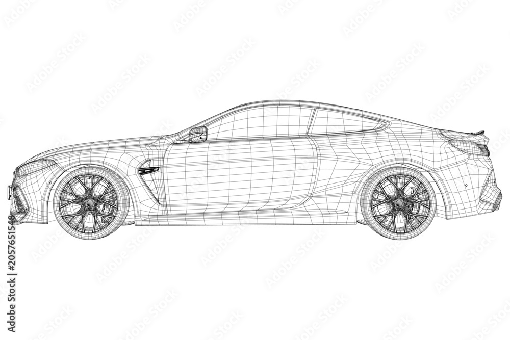 Fototapeta premium Wireframe of a Sports Car - The wireframe design of an elegant, two-door sports car with sleek lines and aerodynamic features. The image showcase