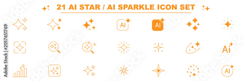 AI Search Icon Set, magnifying glass with sparkle stars, artificial intelligence search and discovery, smart data analysis and innovation, vector icons. Minimal AI Sparkle Icon Set with Square