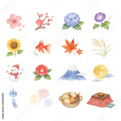 日本の四季と行事の水彩アイコンセット16個 桜・金魚・紅葉のベクター