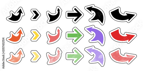 Foto Set of assorted colorful arrow stickers in curved and straight formats featuring flat and sketchy texture designs for web ui