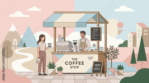 Coffee Shop Illustration: Customer and Barista at Outdoor Cafe