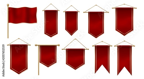 Collection of red decorative pennant flags and banners with celebration