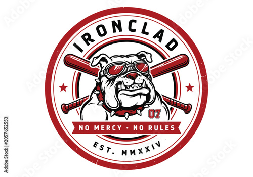Bulldog Badge Logo with Crossed Bats, Red Accents, and Text Reading No Mercy No Rules Est Mmxxiv Featuring Emblem, Athletics, Boxing with Combat