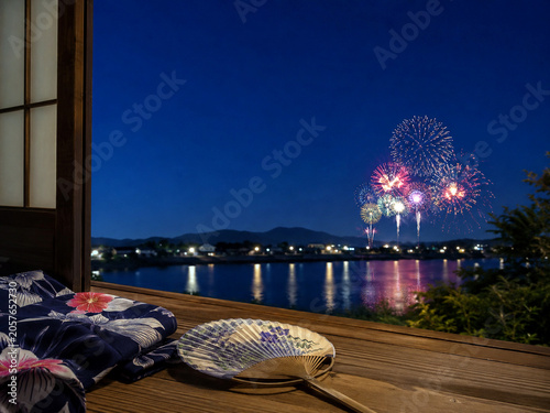 yukata. Folded fan and yukata sleeve on doorstep with fireworks over Sumida River, Tokyo summer celebration. event programs, museum guides, designed for cultural heritage projects and event programs.