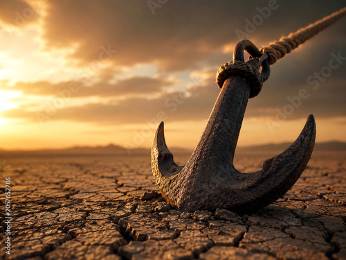taut. A massive iron ship anchor embedded in cracked earth, rope taut in golden light. safety posters, maintenance manuals, designed for industrial assembly lines and welding operations.