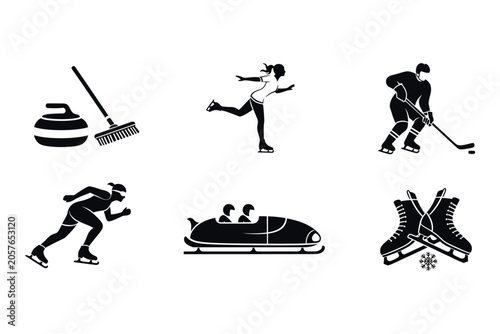 Tableau sur toile Winter sports silhouette collection curling skating hockey bobsleigh and skiing
