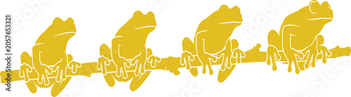 Canvas-taulu Four yellow tree frogs silhouette sitting together on branch, wild amphibian ani