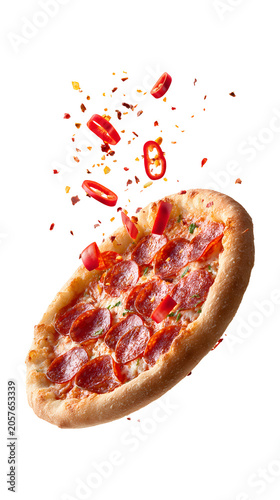 Pizza pepperoni il levitation with flying pepper isolated on a white background