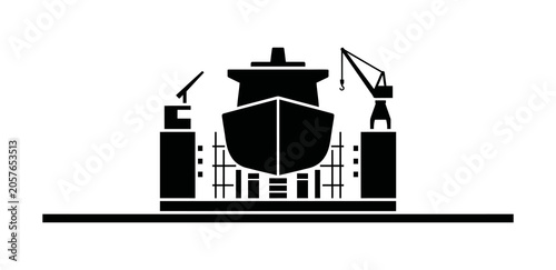 Vector icon of a large ship in a dry dock facility, flanked by industrial cranes, symbolizing essential shipbuilding, maintenance, and repair operations in the maritime industry