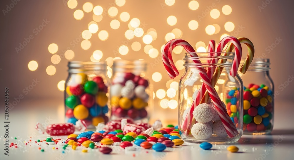 Fototapeta premium Glass jars filled with colorful candies and candy canes with soft bokeh lights background