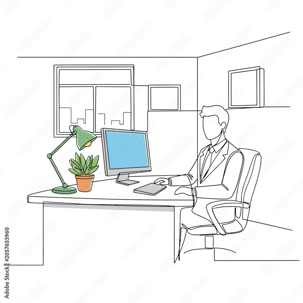 Obraz premium Man Working at Desk with Computer - Minimalist Office Illustration