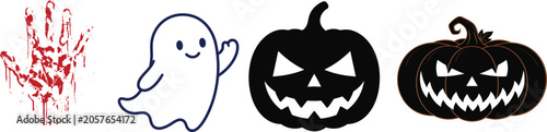 Halloween day symbols ghost pumpkins and bloody handprint