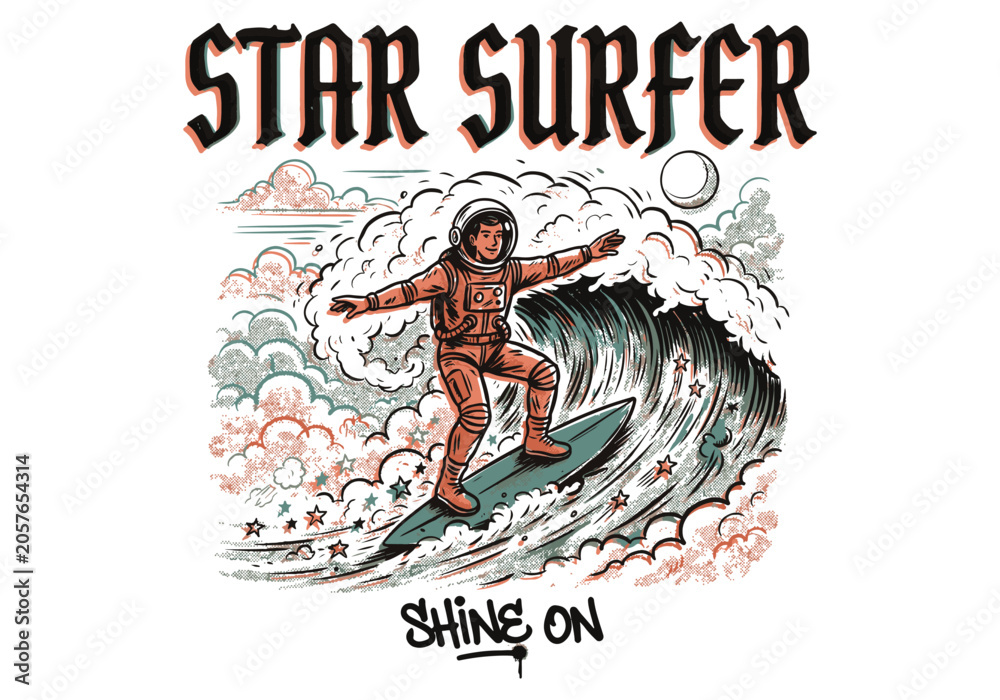 Fototapeta premium Surf Rider Astronaut on Wave with Clouds and Stars, Plus 