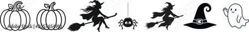 Halloween day icons witches pumpkins spider ghost and witch hats on white background