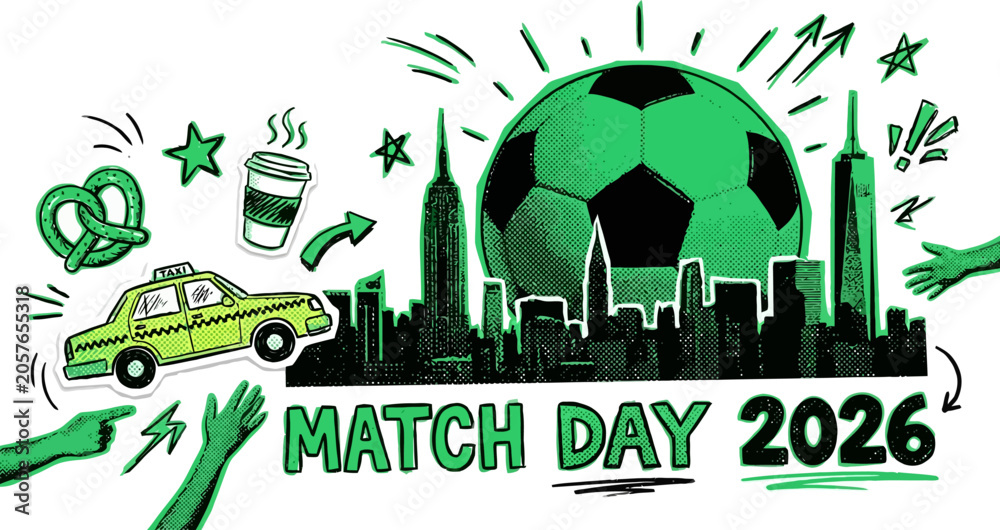 Fototapeta premium Football halftone art collage set. Soccer world cup match day stickers with city skyline, ball, taxi, and pretzel. Modern retro grunge mixed media doodles.