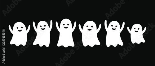 Happy halloween ghosts celebrating spooky day with smiling faces and raised hands on black background