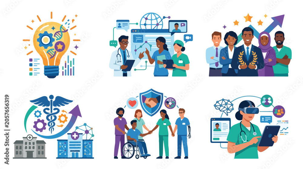 Fototapeta premium Set of medical and healthcare technology concept illustrations with diverse doctors and patients.