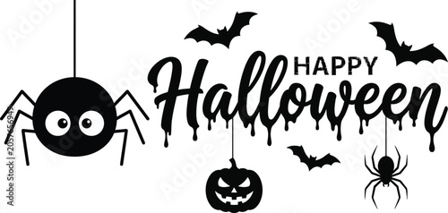Happy halloween day typography with spooky elements bats spider jack o' lantern and cartoon eye illustration