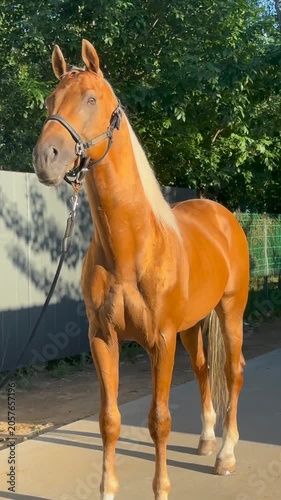 Shiny brown horse with white  blonde mane standing in sunlight 
