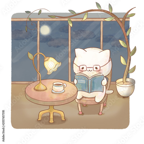 Bild auf Leinwand Watercolor illustration of a bespectacled cat reading a book indoors at night wi