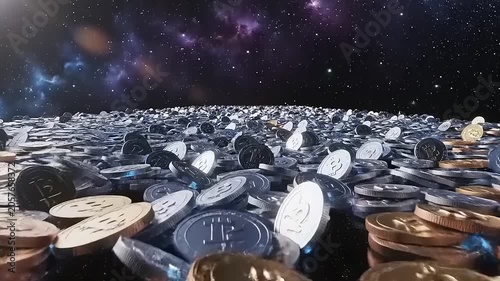 Bitcoin cryptocurrency coins in space.