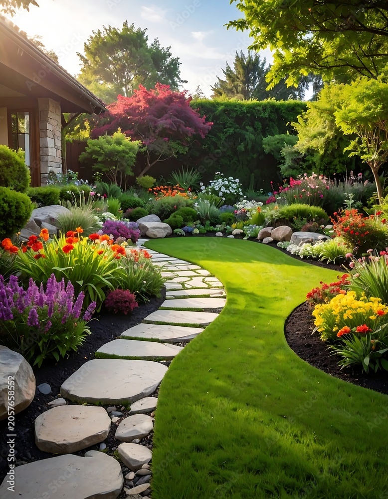 Obraz premium Beautifully landscaped garden with stone pathway.