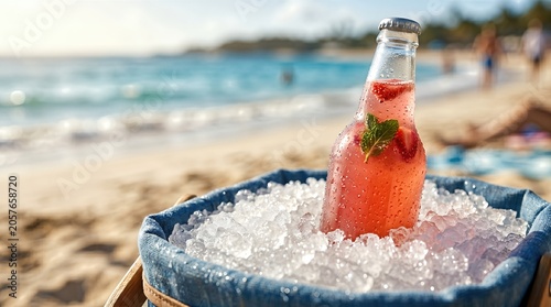 Cold beverage bottle filled with pink drink and garnished with mint, placed in a bucket of ice on sandy beach with ocean waves in the background