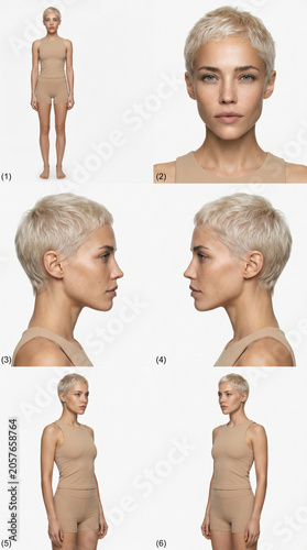 Female Fashion Model Composite Reference Sheet with Multiple Angles