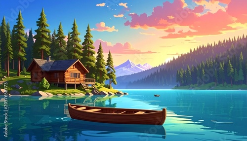 Lakeside cabin, serene sunset, canoe