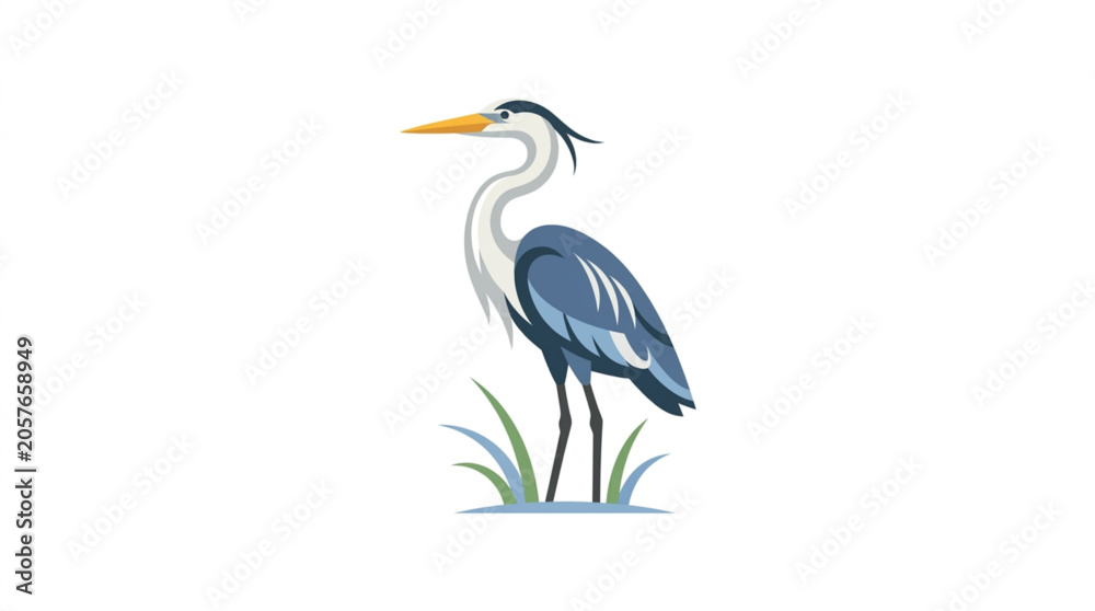 Fototapeta premium A stylized illustration of a grey heron standing upright in marsh grass, depicted with clean lines and a muted blue and grey color palette against a stark white background