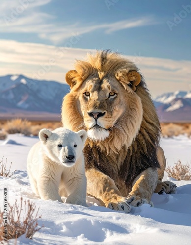 Lion and cub in snowy landscape