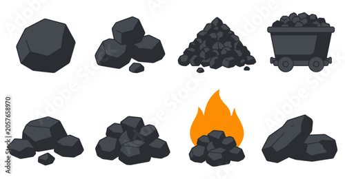 Collection of cartoon style charcoal lumps piles of coal a coal mining cart and a fire with burning coals fuel energy mineral rock combustion heap energy resource black gray