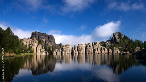 Photography Sylvan Lake South Dakota granite formations reflected in calm water under blue s