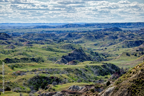 Theodore Roosevelt National Park badlands landscape under a cloudy sky