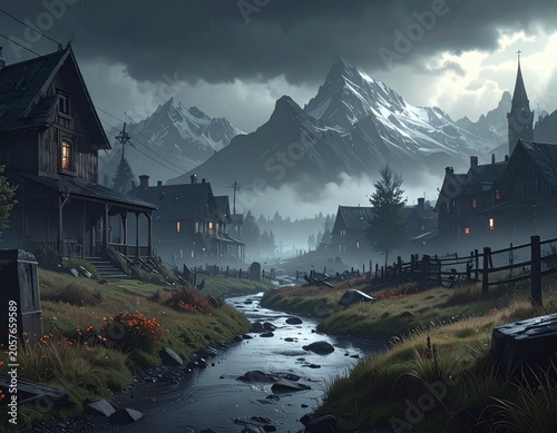 Misty mountain village, stream