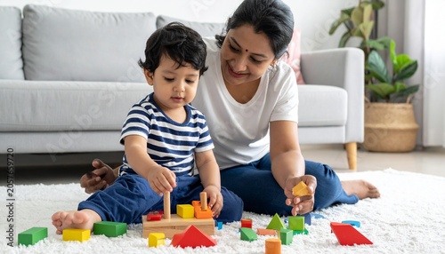 Mom and child playing blocks