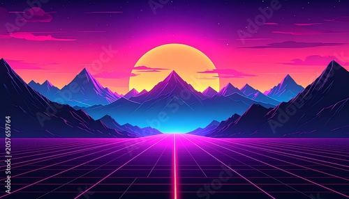 Neon synthwave mountain gridscape