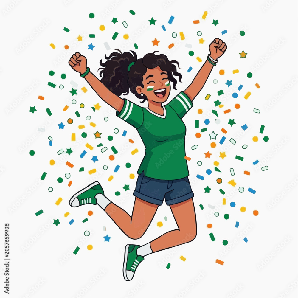 Fototapeta premium Celebration of Victory: A young woman in green jumps for joy amidst a shower of colorful confetti, her arms raised in triumph. Capturing the spirit of winning and pure elation.