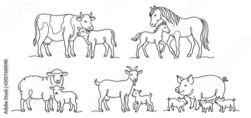 Fotografie Farm animal line art set, minimalist livestock mother and baby icons, black and