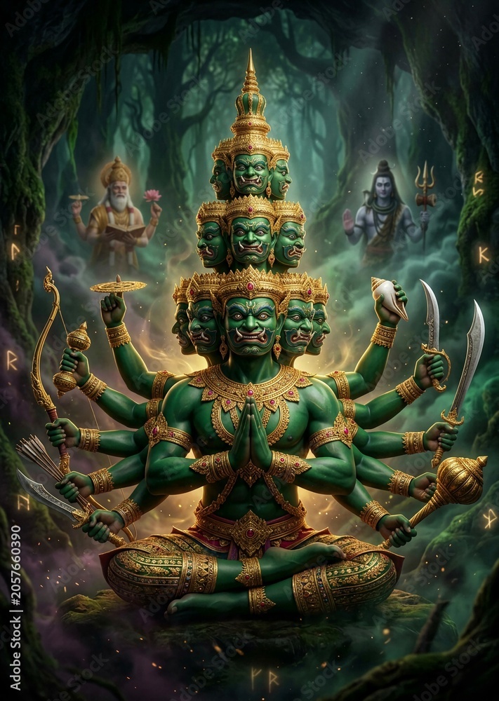 Fototapeta premium Powerful multi-headed green deity meditating peacefully in a mystical forest. Majestic fantasy artwork full of spiritual energy.