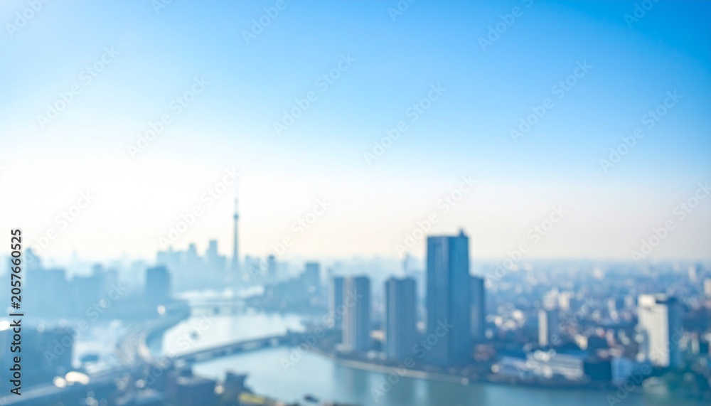Fototapeta premium 都会のビル街のぼやけたイメージ画像 青空の背景 ソフトフォーカス、背景ボケ