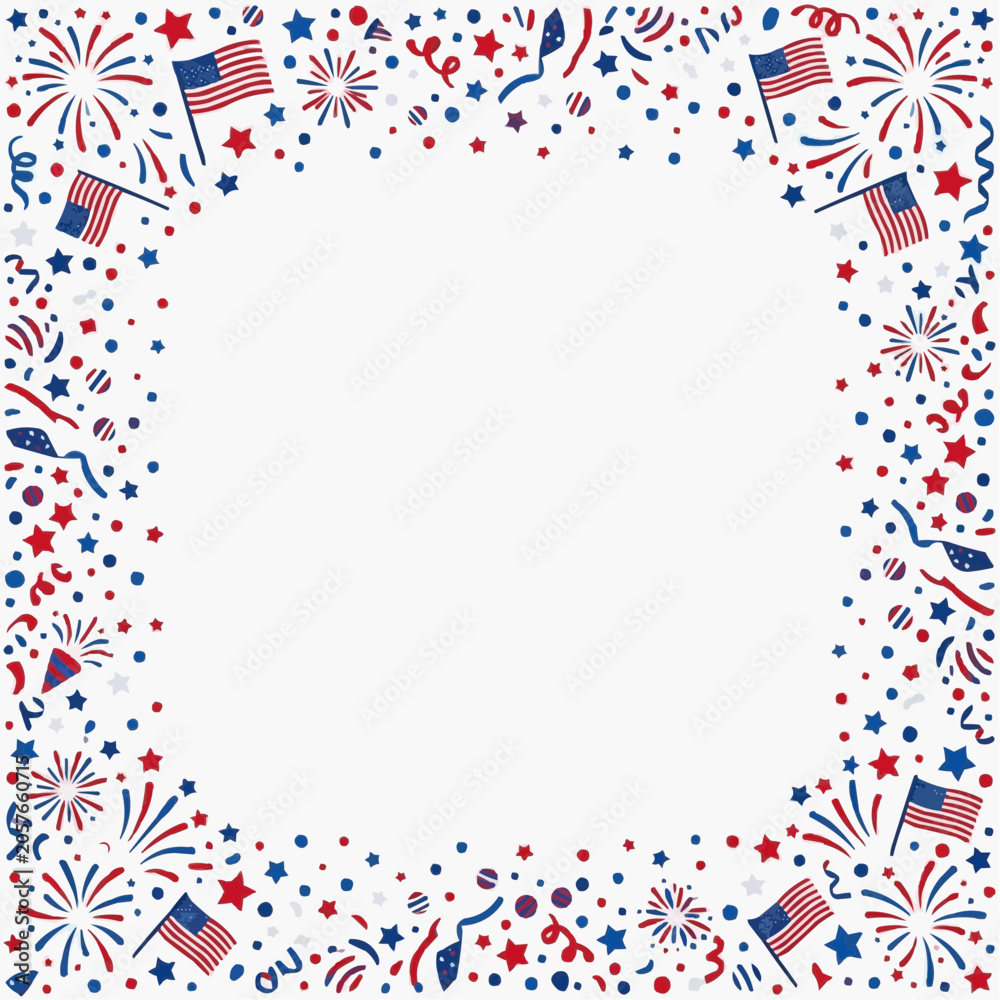 Obraz premium American Celebration Frame: A vibrant, patriotic frame bursting with American flags, fireworks, confetti, and stars, perfect for invitations, announcements, or decorative purposes.