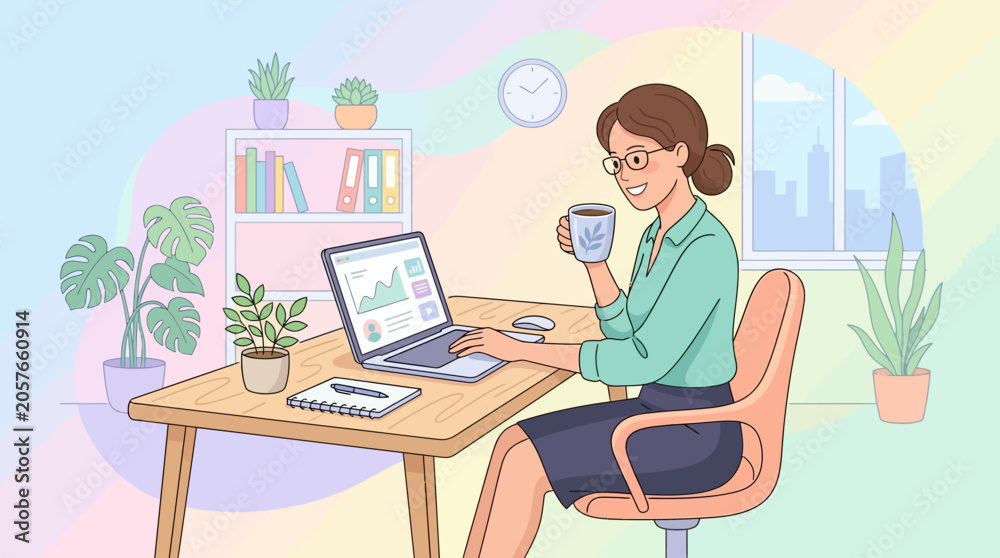 Obraz premium Woman working at home office drinking coffee with computer
