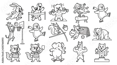 Photography Cartoon sports animals coloring page set, cute wild animal athletes, 15 black an