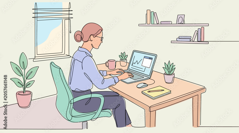 Fototapeta premium Woman working at desk with laptop in cozy home office, vector illustration