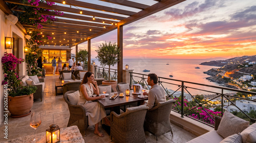 Terraza con vistas al mar ideal para representar turismo y descanso.