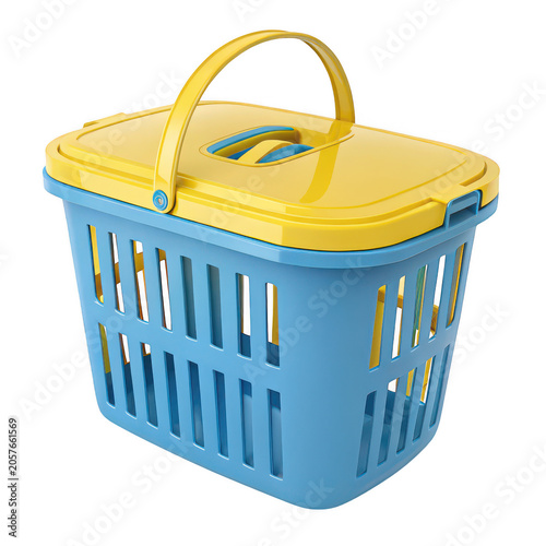 Blue and yellow plastic shopping basket with a lid for grocery store