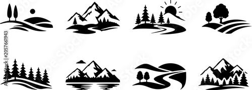 Minimalist nature landscape icon set featuring mountains, hills, trees, rivers and sun elements. Outdoor themed vector symbols for travel, nature and environmental design projects.eps